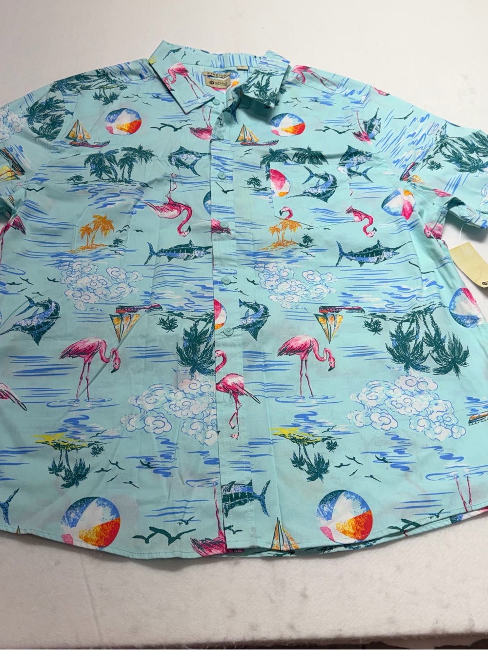 Haggar Aqua Tropical Flamingo Print Short-Sleeve Shirt XXL NWT